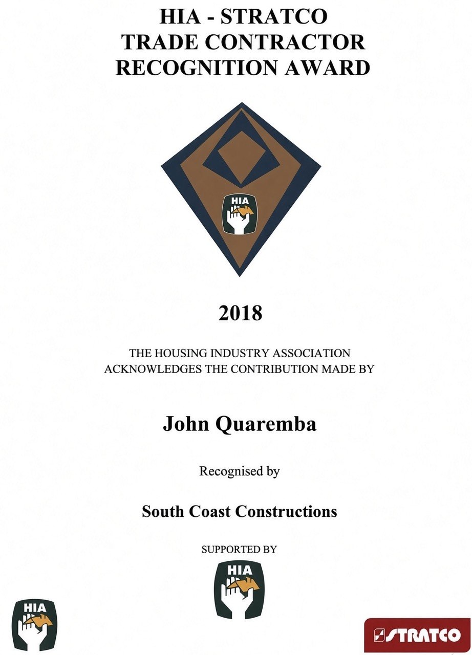HIA-Stratco Trade Contractor Recognition Award, 2018